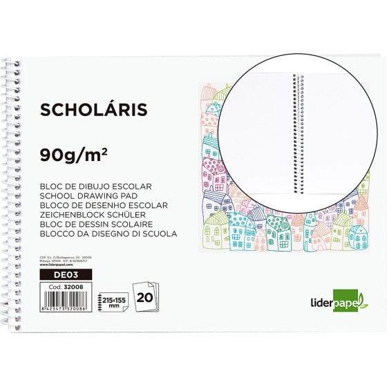 Bloc dibujo liderpapel escolar espiral 155x215mm 20 hojas 90g/m2 sin recuadro