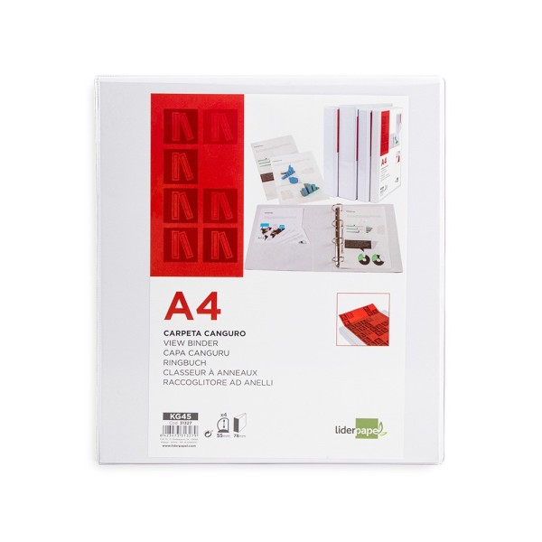 Carpeta canguro 4 anillas mixtas 55mm liderpapel a4 plastico blanca