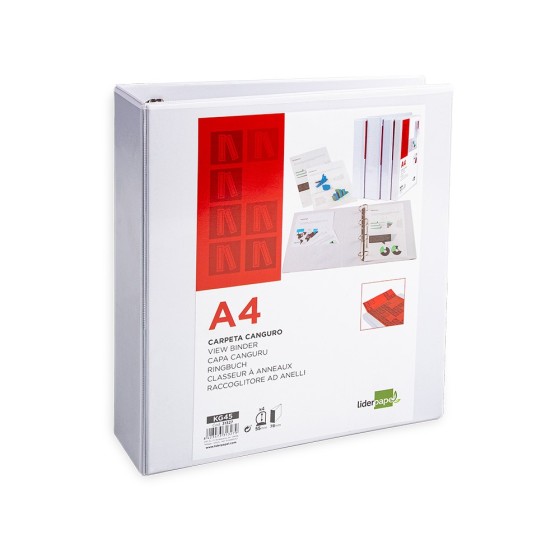 Carpeta canguro 4 anillas mixtas 55mm liderpapel a4 plastico blanca