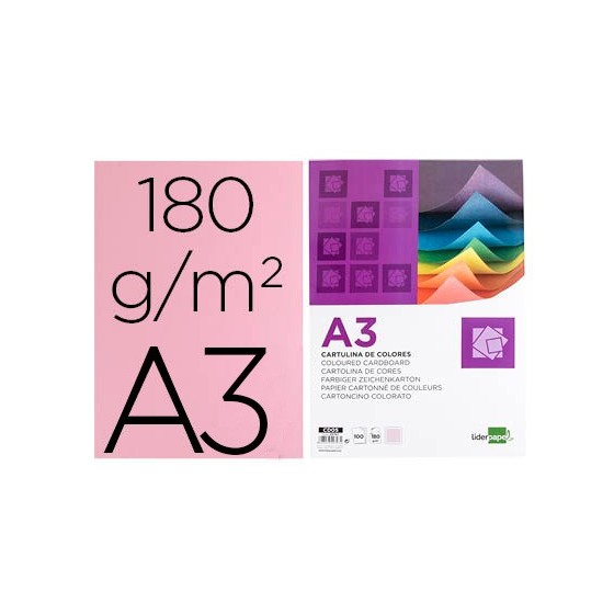 Cartulina liderpapel a3 180g/m2 rosa paquete de 100 hojas