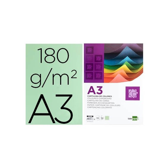 Cartulina liderpapel a3 180g/m2 verde paquete de 100 hojas