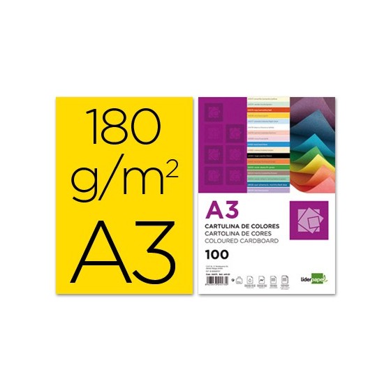 Cartulina liderpapel a3 180g/m2 amarillo paquete de 100 hojas