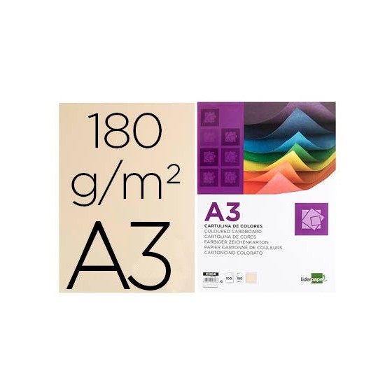 Cartulina liderpapel a3 180g/m2 crema paquete de 100 hojas