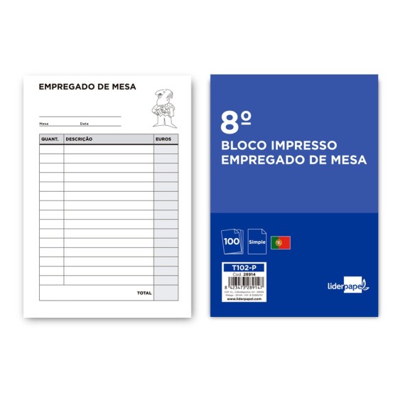 Talonario liderpapel camarero octavo -sin iva- 102 -texto en portugues