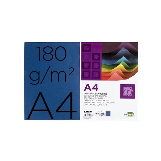 Cartulina liderpapel a4 180g/m2 azul ultramar paquete de 100 hojas