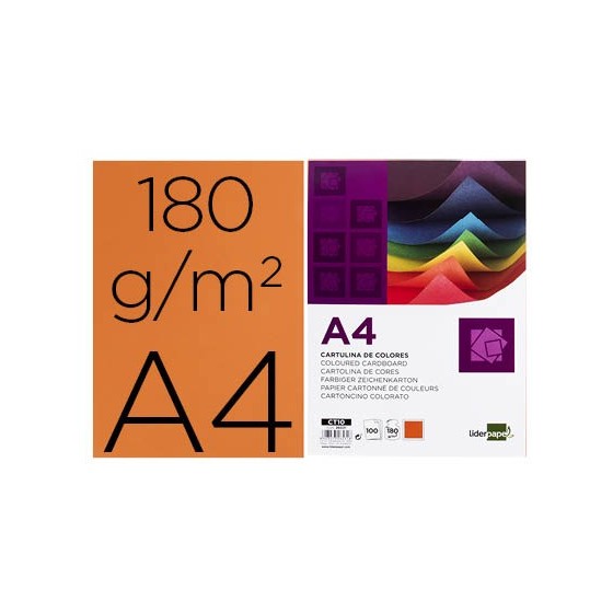 Cartulina liderpapel a4 180g/m2 naranja fuerte paquetede 100 hojas