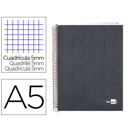 Cuaderno espiral liderpapel a5 micro papercoat tapa forrada 140h 75 gr cuadro5mm 5 bandas 6 taladros negro