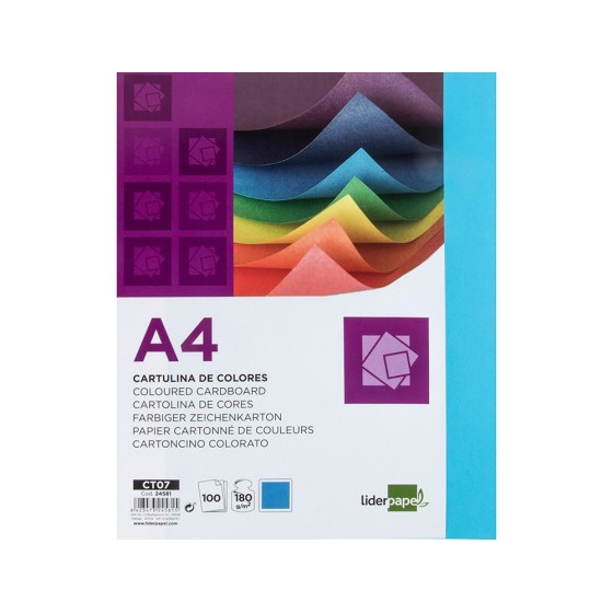Cartulina liderpapel a4 180g/m2 azul paquete de 100 hojas