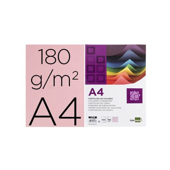 Cartulina liderpapel a4 180g/m2 rosa paquete de 100 hojas
