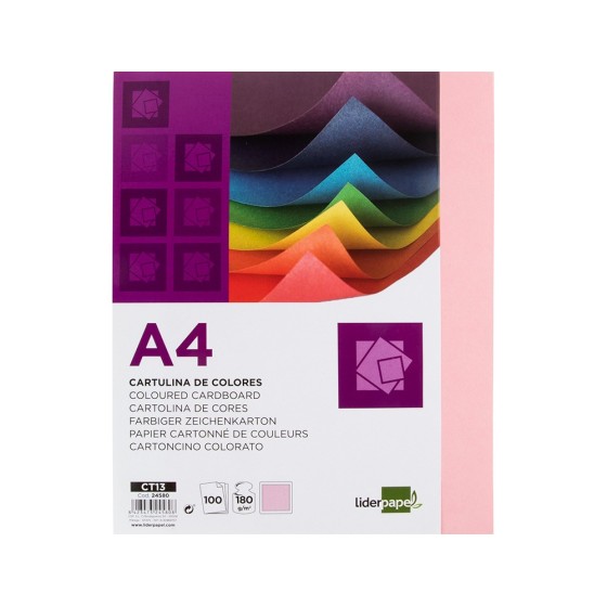 Cartulina liderpapel a4 180g/m2 rosa paquete de 100 hojas