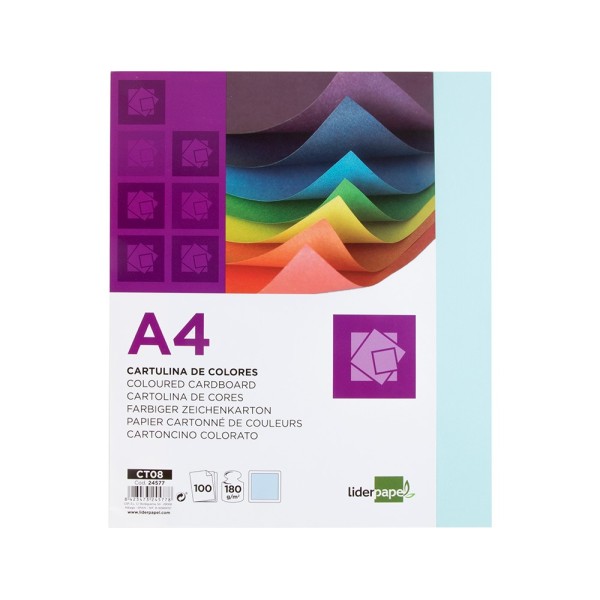 Cartulina liderpapel a4 180g/m2 celeste paquete de 100hojas