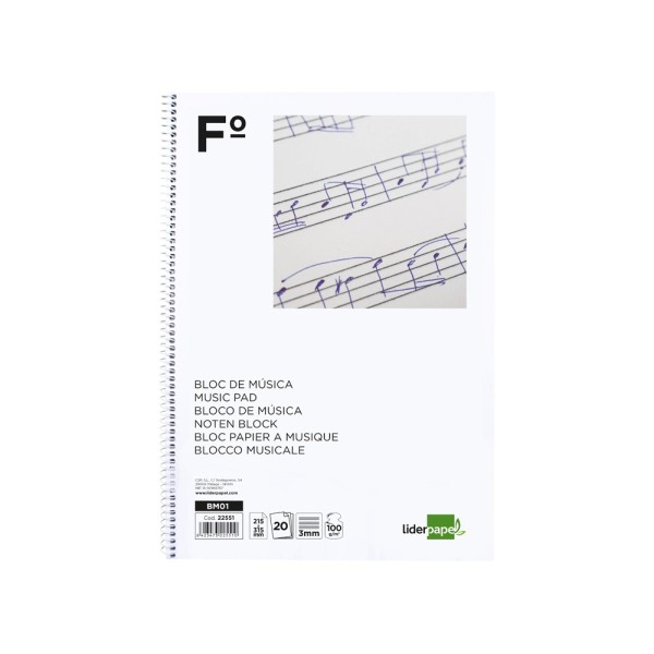 Bloc musica liderpapel pentagrama 3mm folio 20 hojas 100g/m2