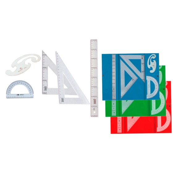 Juego escuadra y cartabon 25cm regla 30cm semicirculo 15cm y plantilla de curvas liderpapelen petaca opaca color verde