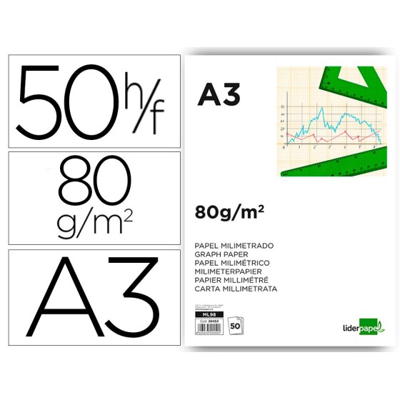 Bloc papel milimetrado liderpapel encolado 297x420mm 50 hojas 80g/m2