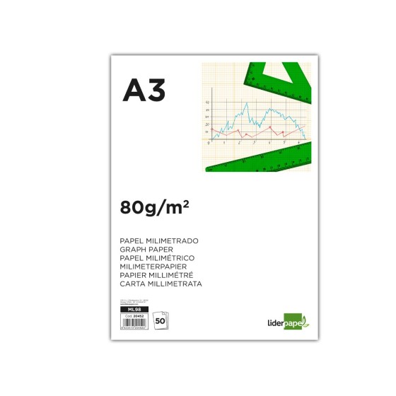 Bloc papel milimetrado liderpapel encolado 297x420mm 50 hojas 80g/m2
