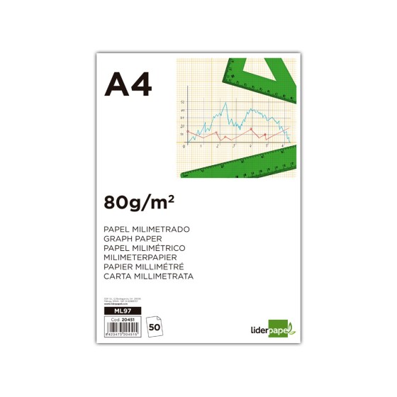 Bloc papel milimetrado liderpapel encolado 210x297mm 50 hojas 80g/m2