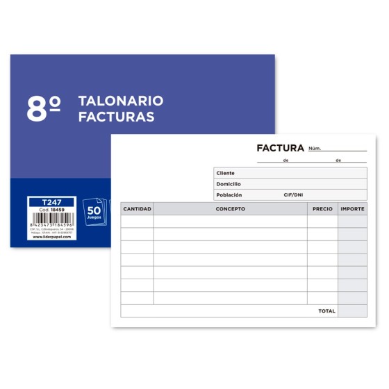Talonario liderpapel facturas 8º original y copia t247 apaisado sin i.v.a