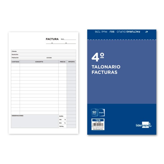 Talonario liderpapel facturas cuarto original y copia t216 con i.v.a.