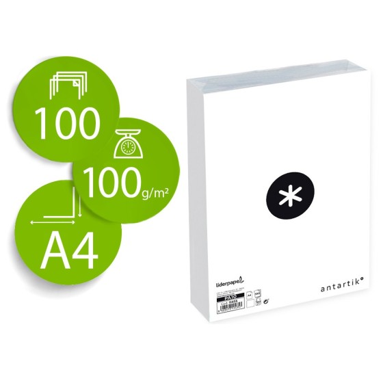 Papel liderpapel a4 antartik 100g/m2 liso blanco paquete de 100 hojas