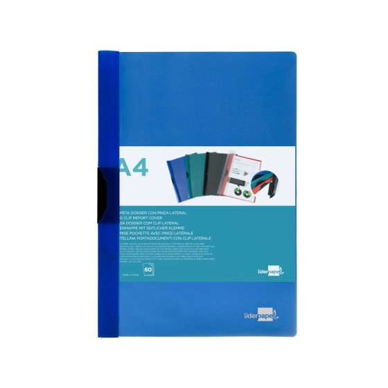 Carpeta liderpapel dossier pinza lateral polipropileno din a4 azul translucido 60 hojas pinza deslizante