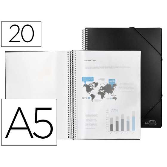 Carpeta liderpapel escaparate con espiral 20 fundas polipropileno din a5 negro opaco