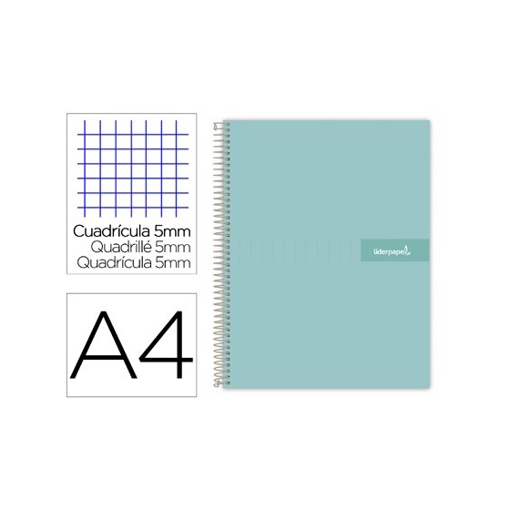 Cuaderno espiral liderpapel a4 micro crafty tapa forrada 120h 90gr cuadro 5mm 5 bandas 4 taladros color turquesa