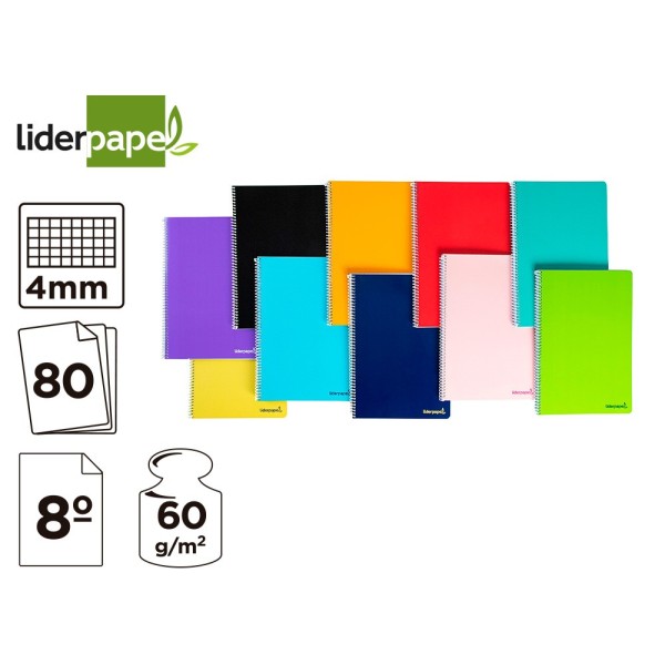 Cuaderno espiral liderpapel bolsillo octavo smart tapa blanda 80h 60gr cuadro 4mm colores surtidos