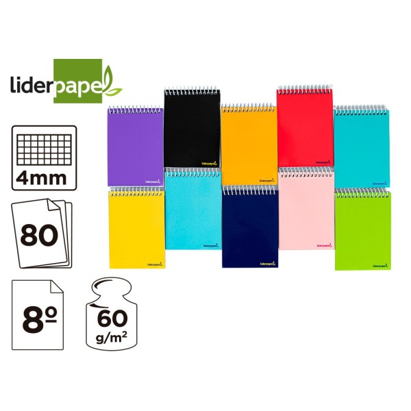 Cuaderno espiral liderpapel bolsillo octavo apaisado smart tapa blanda 80h 60gr cuadro 4mm colores surtidos