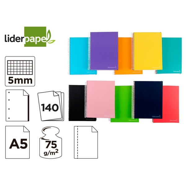 Cuaderno espiral liderpapel a5 micro jolly tapa forrada 140h 75 gr cuadro 5mm 5 bandas6 taladros colores surtidos