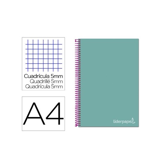 Cuaderno espiral liderpapel a4 micro jolly tapa forrada 140h 75 gr cuadro 5mm 5 bandas4 taladros color turquesa