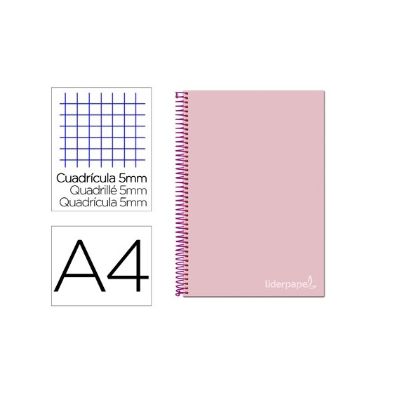 Cuaderno espiral liderpapel a4 micro jolly tapa forrada 140h 75 gr cuadro 5mm 5 bandas 4 taladros color rosa