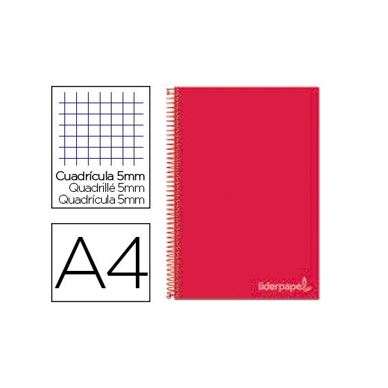 Cuaderno espiral liderpapel a4 micro jolly tapa forrada 140h 75 gr cuadro 5mm 5 bandas 4 taladros color rojo