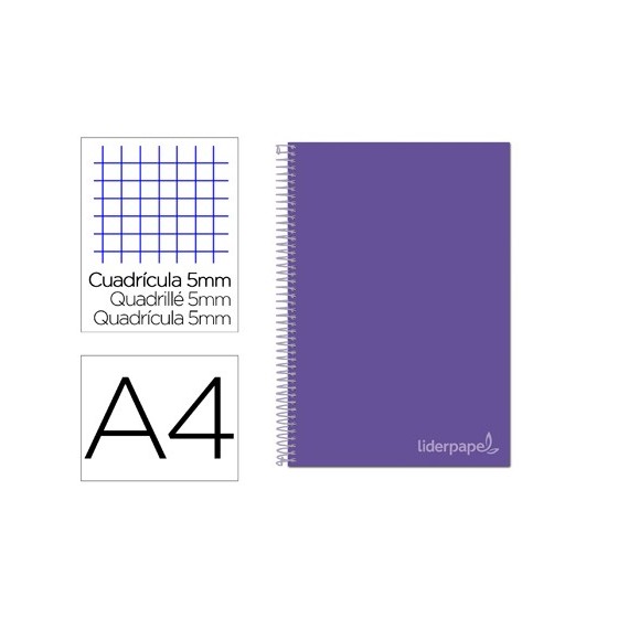 Cuaderno espiral liderpapel a4 micro jolly tapa forrada 140h 75 gr cuadro 5mm 5 bandas 4 taladros color lila