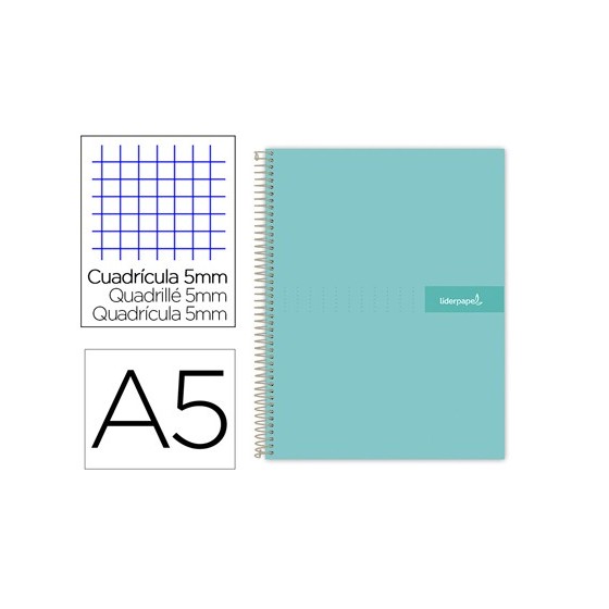 Cuaderno espiral liderpapel a5 micro crafty tapa forrada 120h 90 gr cuadro 5mm 5 bandas6 taladros color turquesa