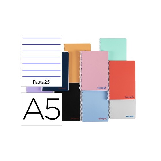 Cuaderno espiral liderpapel a5 wonder tapa plastico 80h 90g pauta estrecha 2,5mm con margen colores surtidos