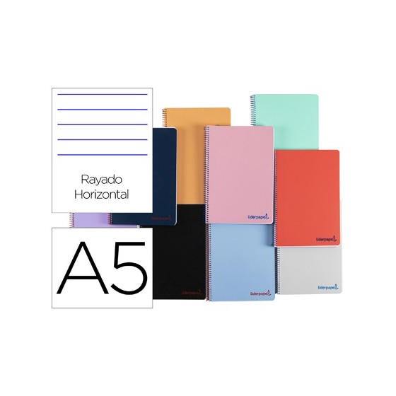 Cuaderno espiral liderpapel a5 wonder tapa plastico 80h 90g rayado horizontal con margen colores surtidos