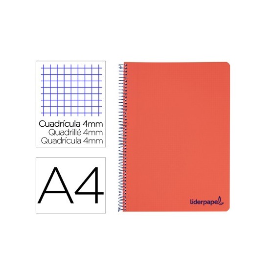 Cuaderno espiral liderpapel a4 wonder tapa plastico 80h 90gr cuadro 4mm con margen color rojo