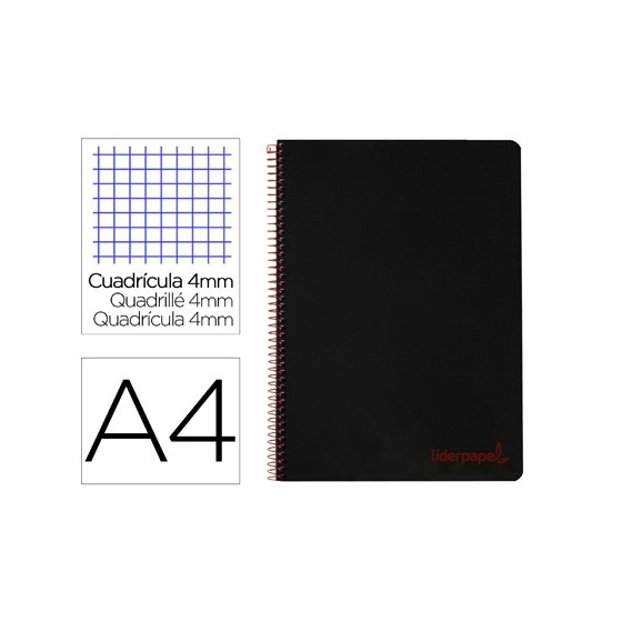 Cuaderno espiral liderpapel a4 wonder tapa plastico 80h 90gr cuadro 4mm con margen color negro