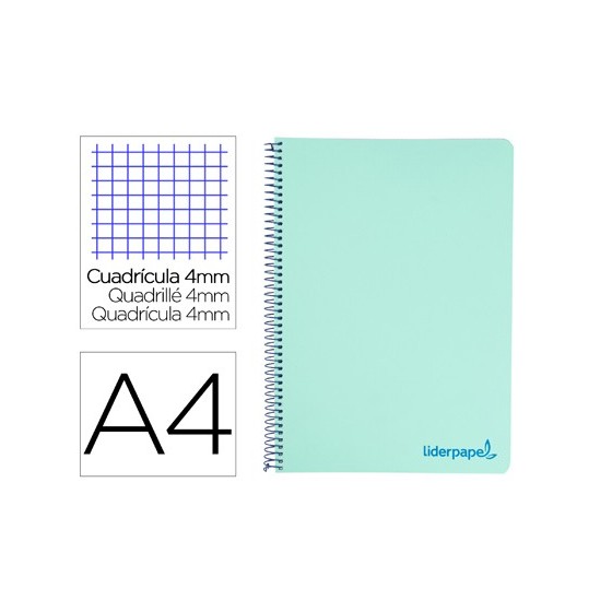 Cuaderno espiral liderpapel a4 wonder tapa plastico 80h 90gr cuadro 4mm con margen color verde