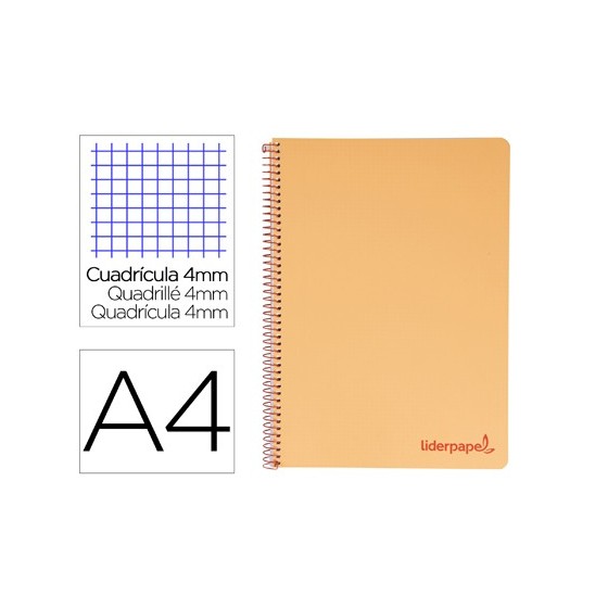 Cuaderno espiral liderpapel a4 wonder tapa plastico 80h 90gr cuadro 4mm con margen color naranja