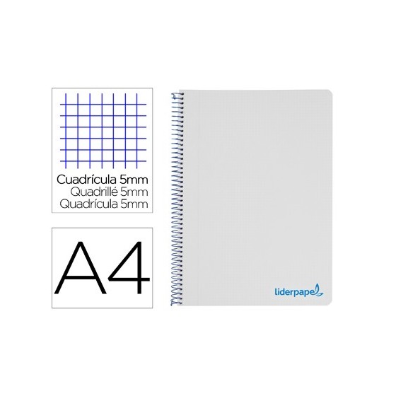 Cuaderno espiral liderpapel a4 micro wonder tapa plastico 120h 90 gr cuadro 5 mm 5 bandas 4 taladros color gris