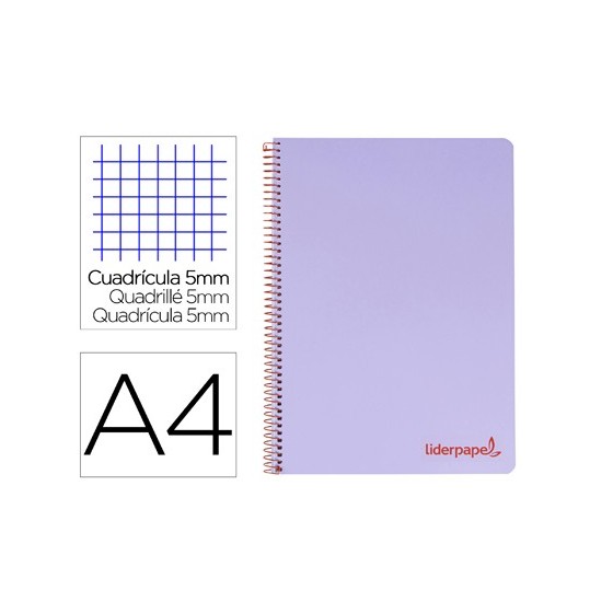 Cuaderno espiral liderpapel a4 micro wonder tapa plastico 120h 90 gr cuadro 5 mm 5 banda4 taladros color lila