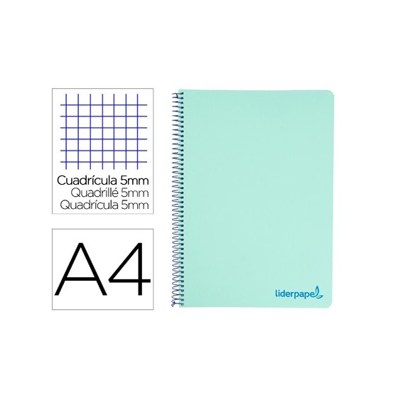 Cuaderno espiral liderpapel a4 micro wonder tapa plastico 120h 90 gr cuadro 5 mm 5 bandas 4 taladros color verde