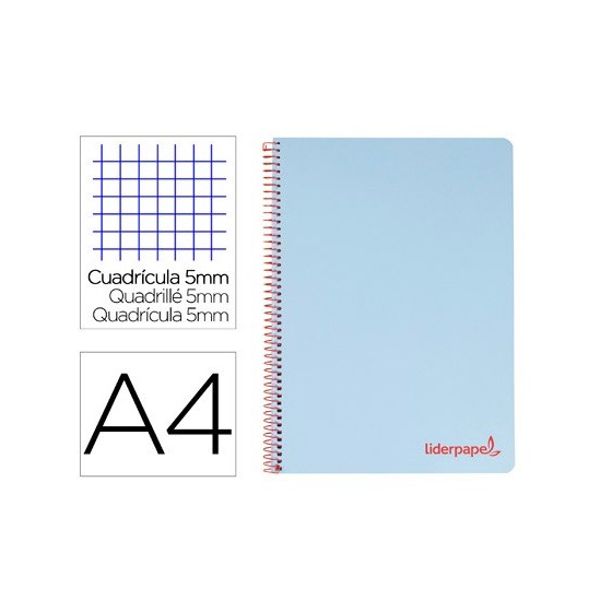 Cuaderno espiral liderpapel a4 micro wonder tapa plastico 120h 90 gr cuadro 5 mm 5 banda4 taladros color celeste