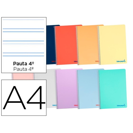 Cuaderno espiral liderpapel a4 wonder tapa plastico 80h 90gr pauta ancha 3,5mm con margen colores surtidos
