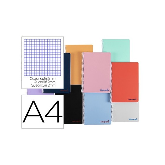 Cuaderno espiral liderpapel a4 wonder tapa plastico 80h 90gr milimetrado 2mm con margen colores surtidos