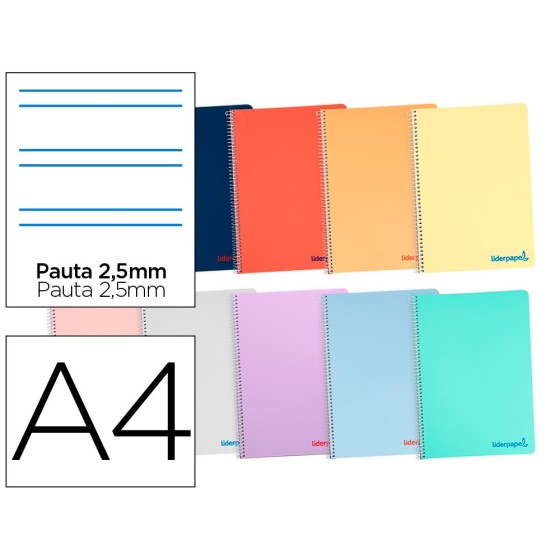 Cuaderno espiral liderpapel a4 wonder tapa plastico 80h 90gr pauta estrecha 2,5mm con margen colores surtidos