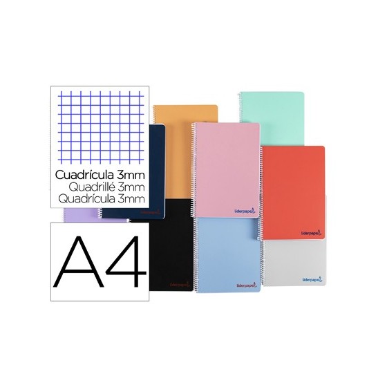 Cuaderno espiral liderpapel a4 wonder tapa plastico 80h 90gr cuadro 3mm con margen colores surtidos