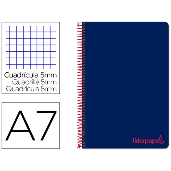 Cuaderno espiral liderpapel a7 micro wonder tapa plastico 100h 90 gr cuadro 5mm 4 bandas color azul marino