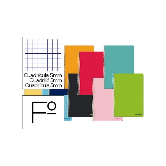 Cuaderno espiral liderpapel folio smart tapa blanda 80h 60gr cuadro 5 mm con margen colores surtidos